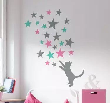 Pack von 24 Sterne fangende Katze Wandtattoo - TenStickers