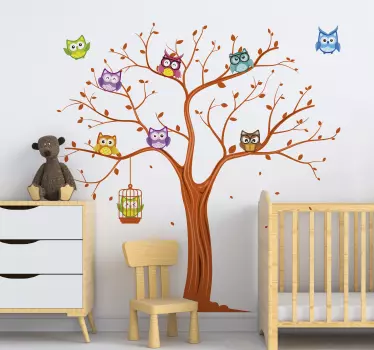 Wandtattoo Blumen Bunte eulen auf einem baum - TenStickers