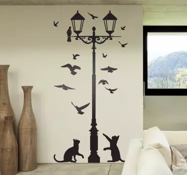 Wandtattoo Wohnzimmer Katzen Vögel und Laterne - TenStickers
