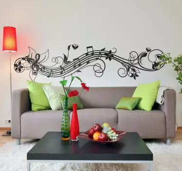 Wandtattoo Wohnzimmer mit Musik und Blumenranke - TenStickers