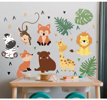 Wandtattoo Süße wilde tiere mit blättern - TenStickers