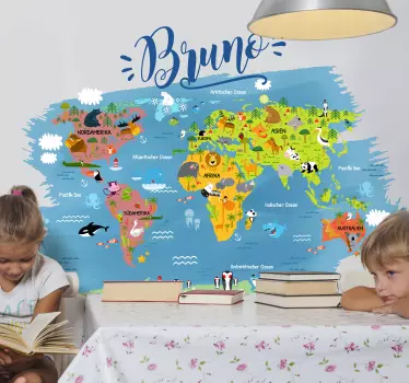 Wandtattoo Kinderzimmer Weltkarte personalisiert - TenStickers
