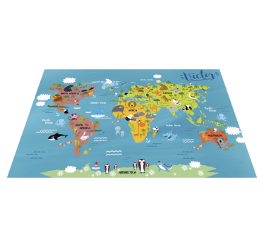 Vinyl teppich für kinder weltkarte mit tieren - TenStickers