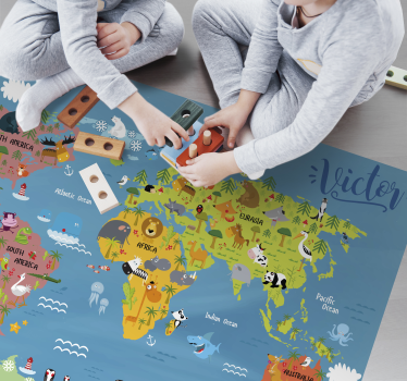 Vinyl teppich für kinder weltkarte mit tieren - TenStickers