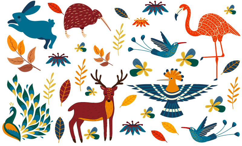 Vinyl teppich tiere im tengango stil mit pflanzen - TenStickers
