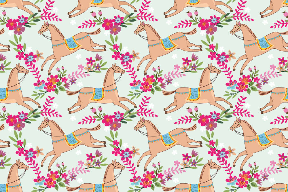 Vinyl teppich tiere mit pferdemuster in rosa blumen - TenStickers