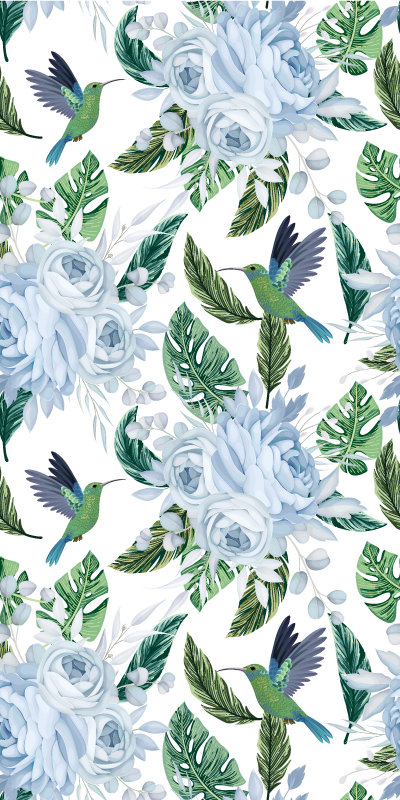 Vinyl teppich blumen blaue gartenblumen mit vögeln - TenStickers