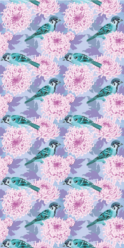 Vinyl teppich blumen mit rosa gartenblumen und vögeln - TenStickers