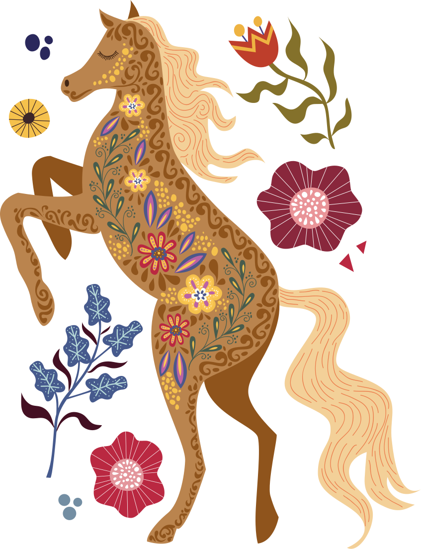 Vinyl teppich blumen mit wildpferde volkskunst illustration - TenStickers