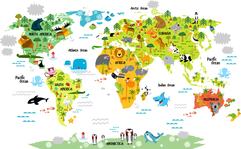 Vinyl teppich weltkarte im englischen fauna design - TenStickers