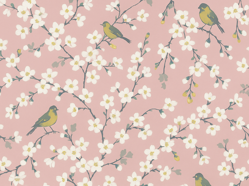 Vinyl teppich natur mit pinken obstgarten-vögeln - TenStickers