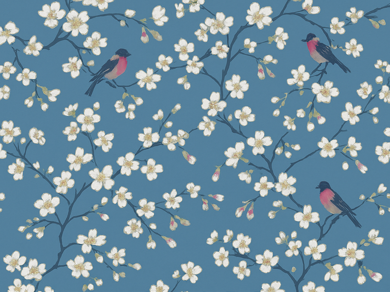 Vinyl teppich natur mit blauen obstgarten vögeln - TenStickers