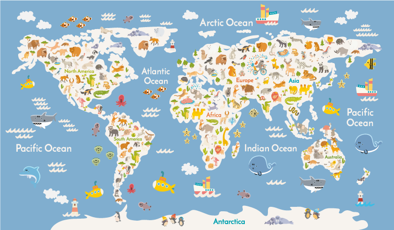 Vinyl teppich weltkarte weiße tierwelt für kinder - TenStickers