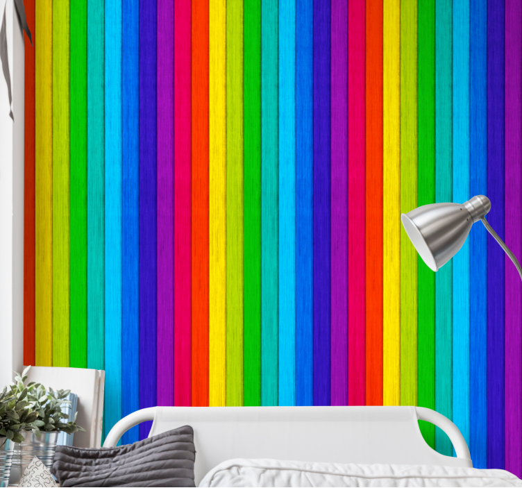 Abstrakte Tapete regenbogenfarbene Holzleisten - TenStickers