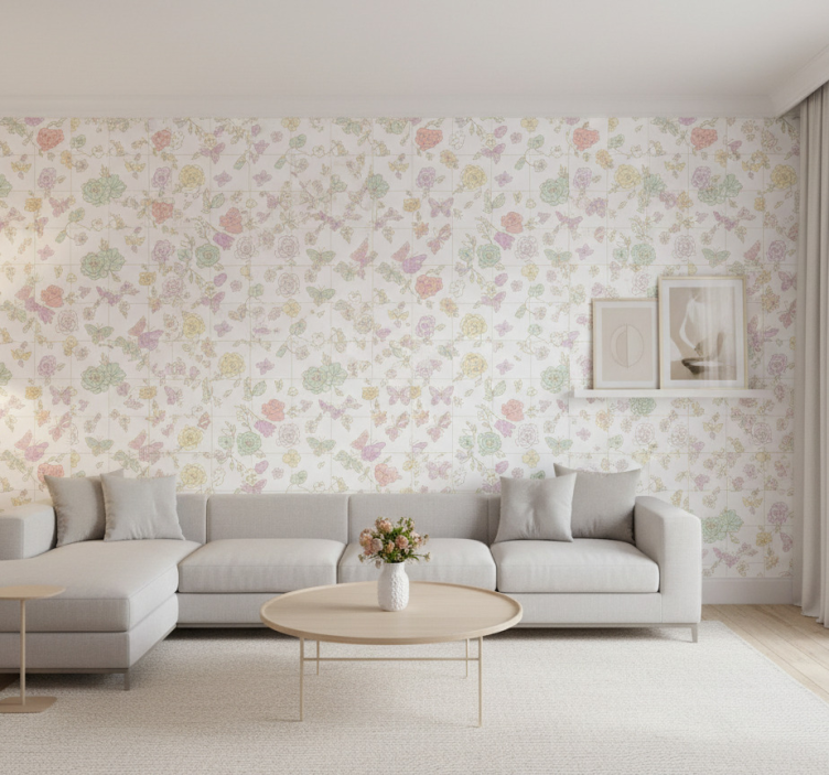 Blumentapete in sanften farben schmetterling - TenStickers