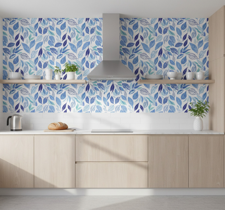 Blumentapete mit blauen gezeichneten blättern - TenStickers