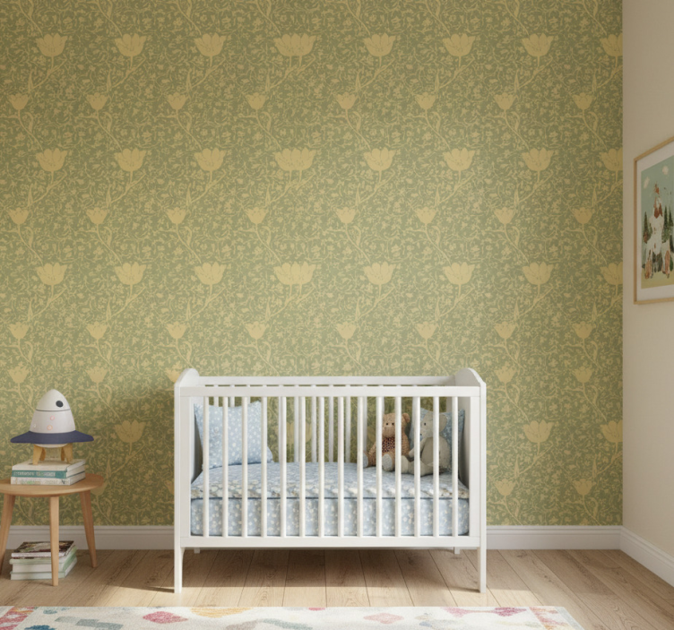 Fototapete wald mit dezentem goldgrünem blumenmuster - TenStickers