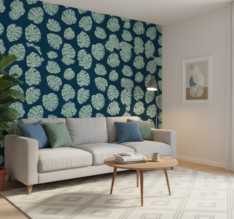 Fototapete wald mit grüner und blauer monstera - TenStickers