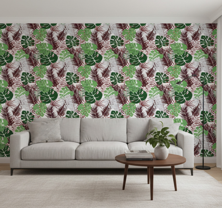 Fototapete wald mit monstera-blättern und roten Ästen - TenStickers