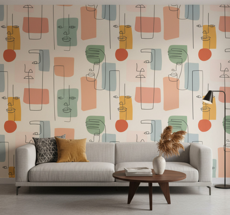 Geometrische tapete mit minimalistischer gesichts-kunst - TenStickers