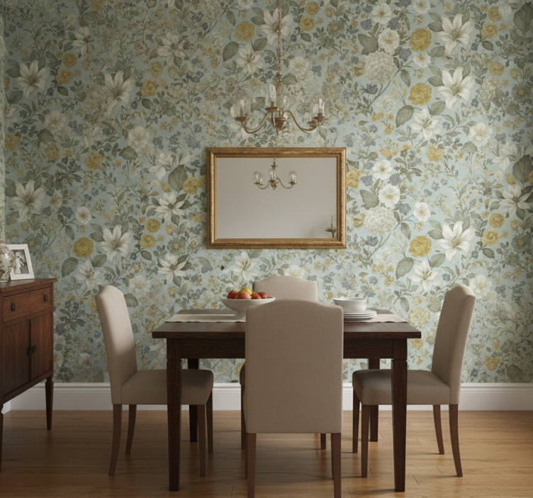 Tapete esszimmer mit olivgrünen blumenmotiven - TenStickers