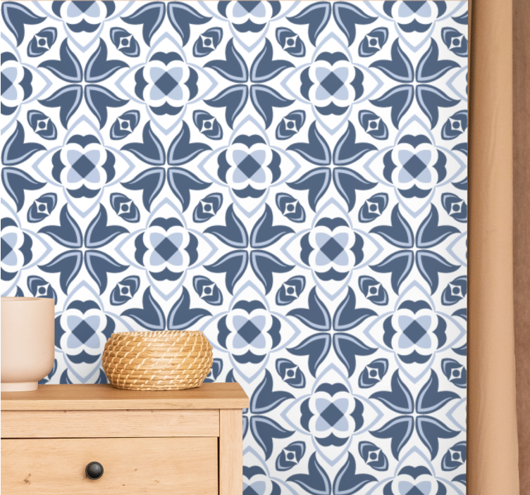 Tapete fliesenoptik blaue geometrische blumen - TenStickers