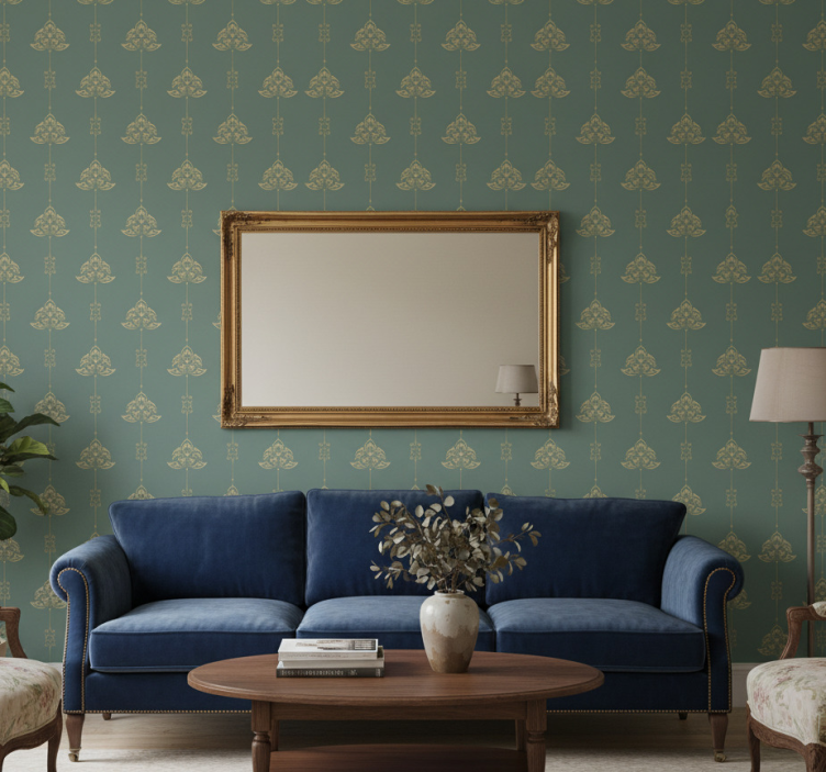 Tapete klassisch teal jugendstil muster mit goldenen blumen - TenStickers