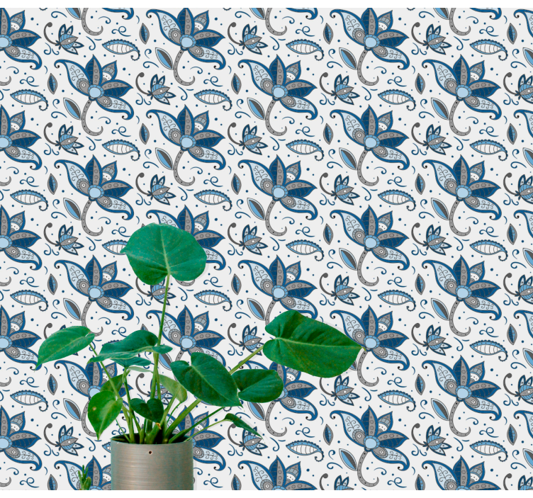 Tapete Blätter blaue blumen kritzeleien - TenStickers