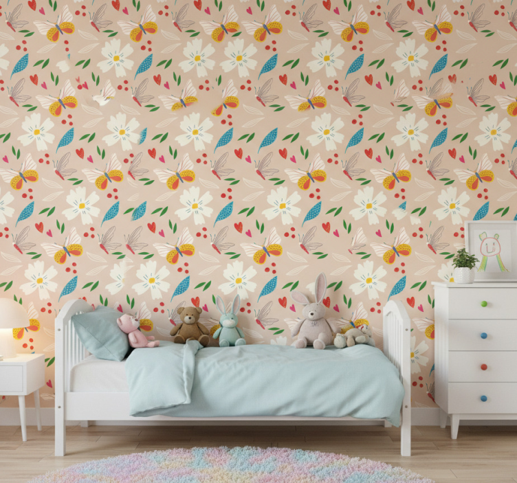 Tapete schmetterling mit beigem blumenmuster - TenStickers