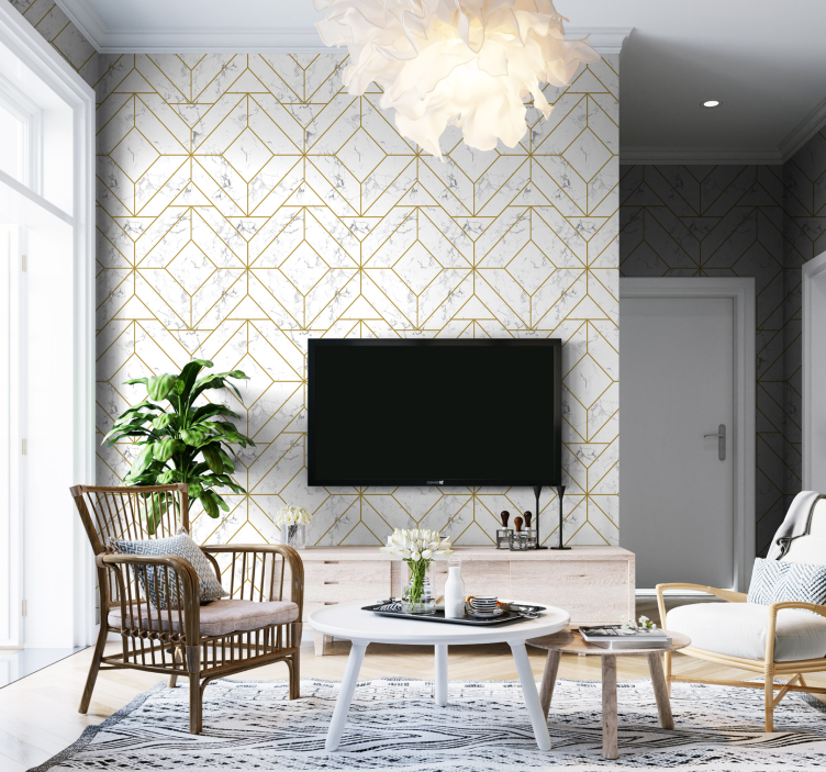 Tapete Wohnzimmer Gold und Weiß Geometrisch - TenStickers