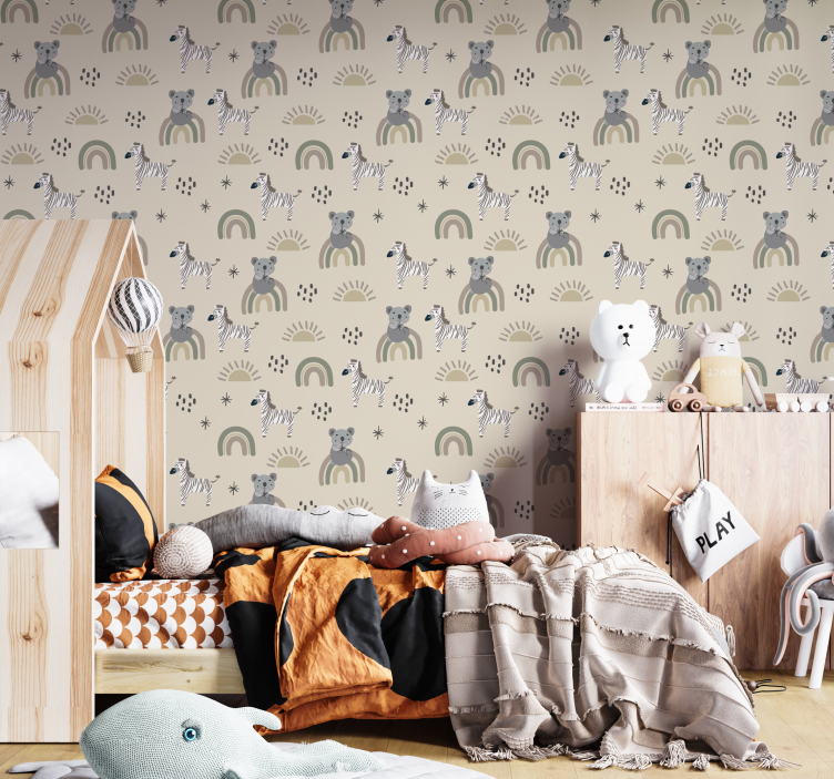 Tiere Tapete beiges und graues kindermuster - TenStickers