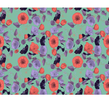 Blumentapete mit blauen und roten mohnblumen - TenStickers