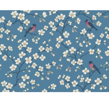 Blumentapete mit blauen obstgarten-vögeln - TenStickers
