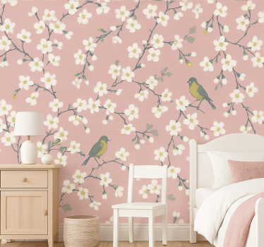 Blumentapete pinke obstgartenvögel - TenStickers