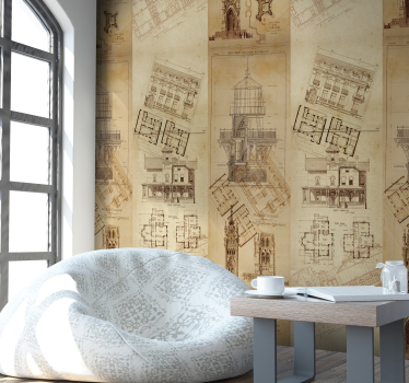 Gebäude Pläne Vintage Tapete Wohnzimmer - TenStickers