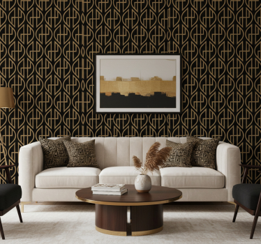Wohnzimmer tapete mit schwarzen und goldenen linien - TenStickers