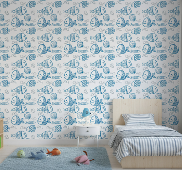 Tapete kinderzimmer mit blauen fischen auf weiß - TenStickers