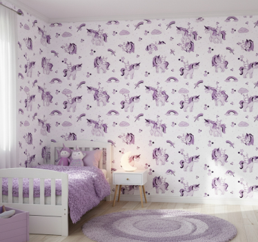 Tapete kinderzimmer mit fantasievollen lila einhörnern - TenStickers