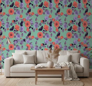 Blumentapete mit blauen und roten mohnblumen - TenStickers